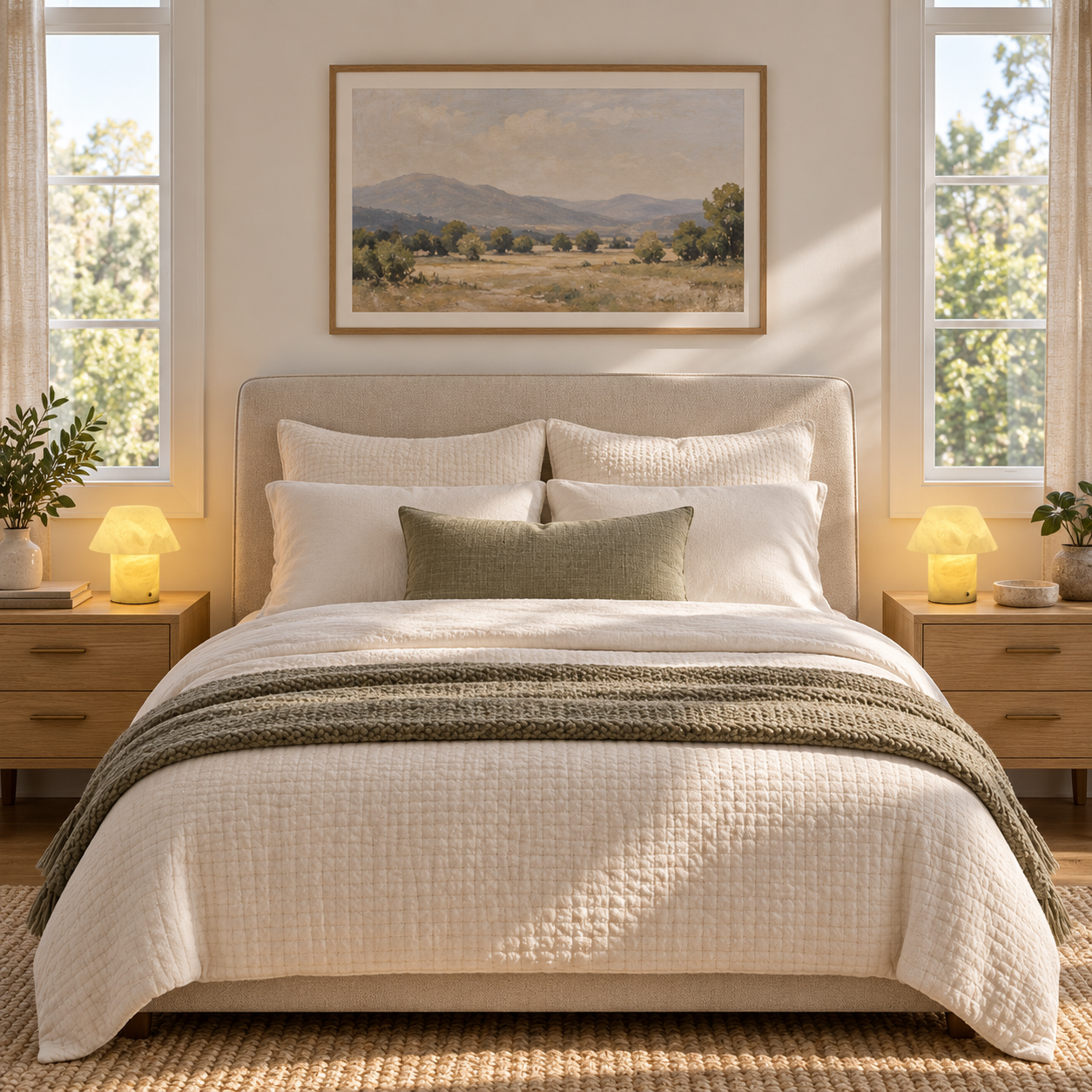 Two UVRENA natural stone lamps styled on either side of a bed
