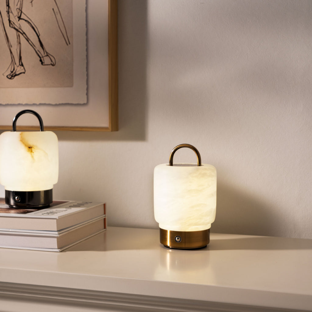 Liora Spanish alabaster cordless lamp glowing in a refined interior