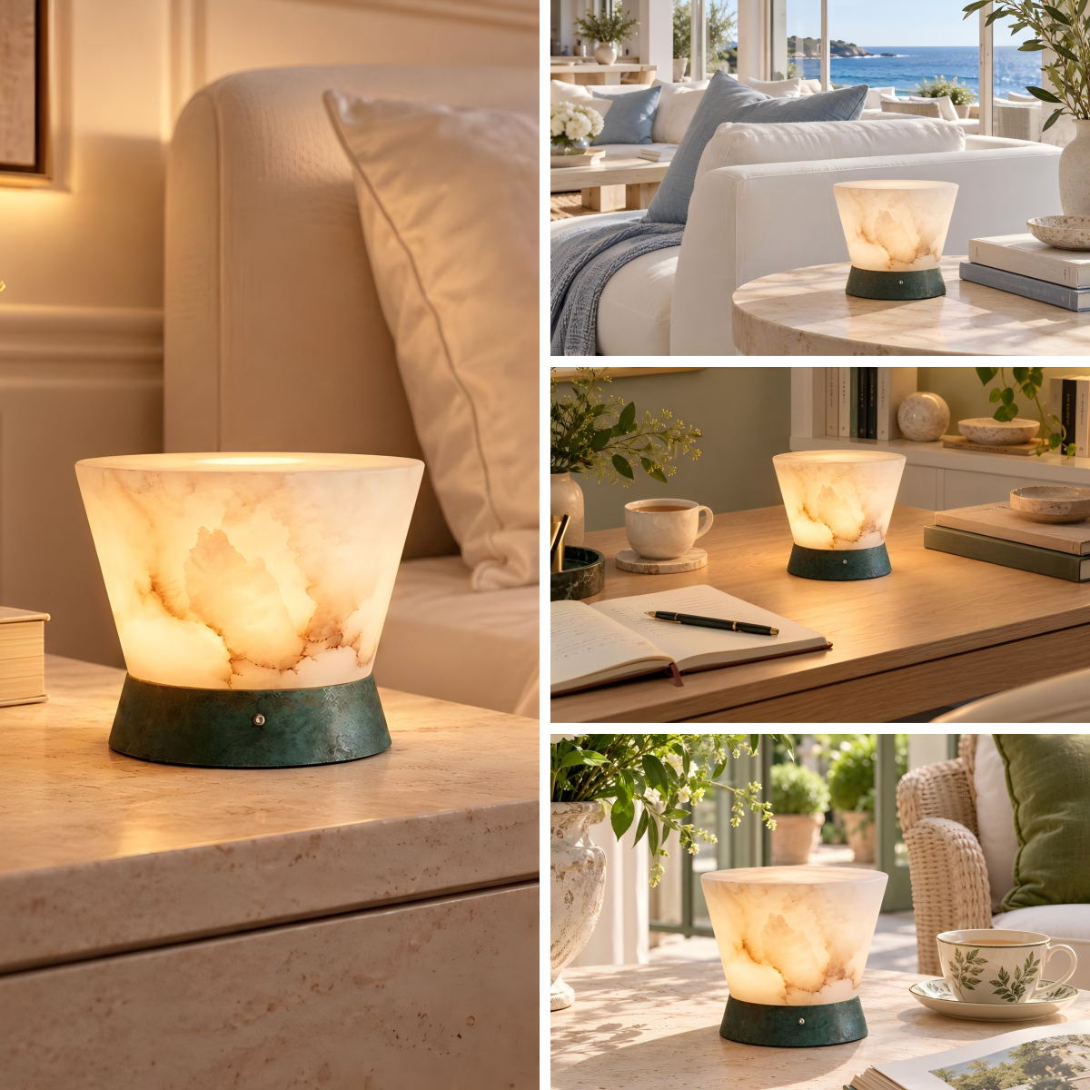 Mist Ridge natural cloud stone ambient lamp styled in a bedroom, living room, study, and sunroom