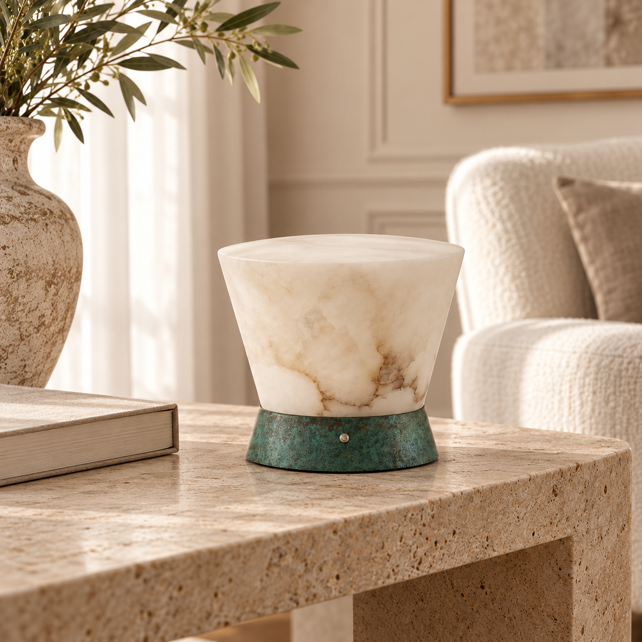 Mist Ridge natural cloud stone lamp switched off on a travertine table