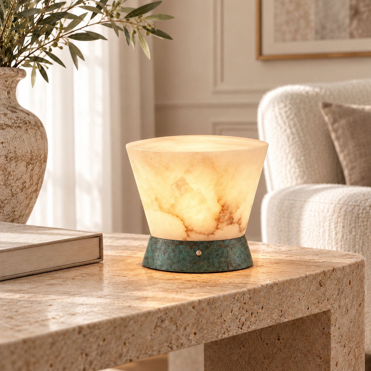 Mist Ridge natural cloud stone lamp switched on with a warm glow