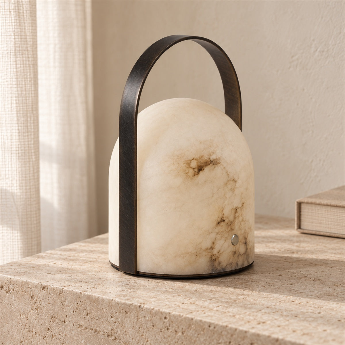 Aurelle lamp switched off, showing the natural veining in its hand-polished stone shade