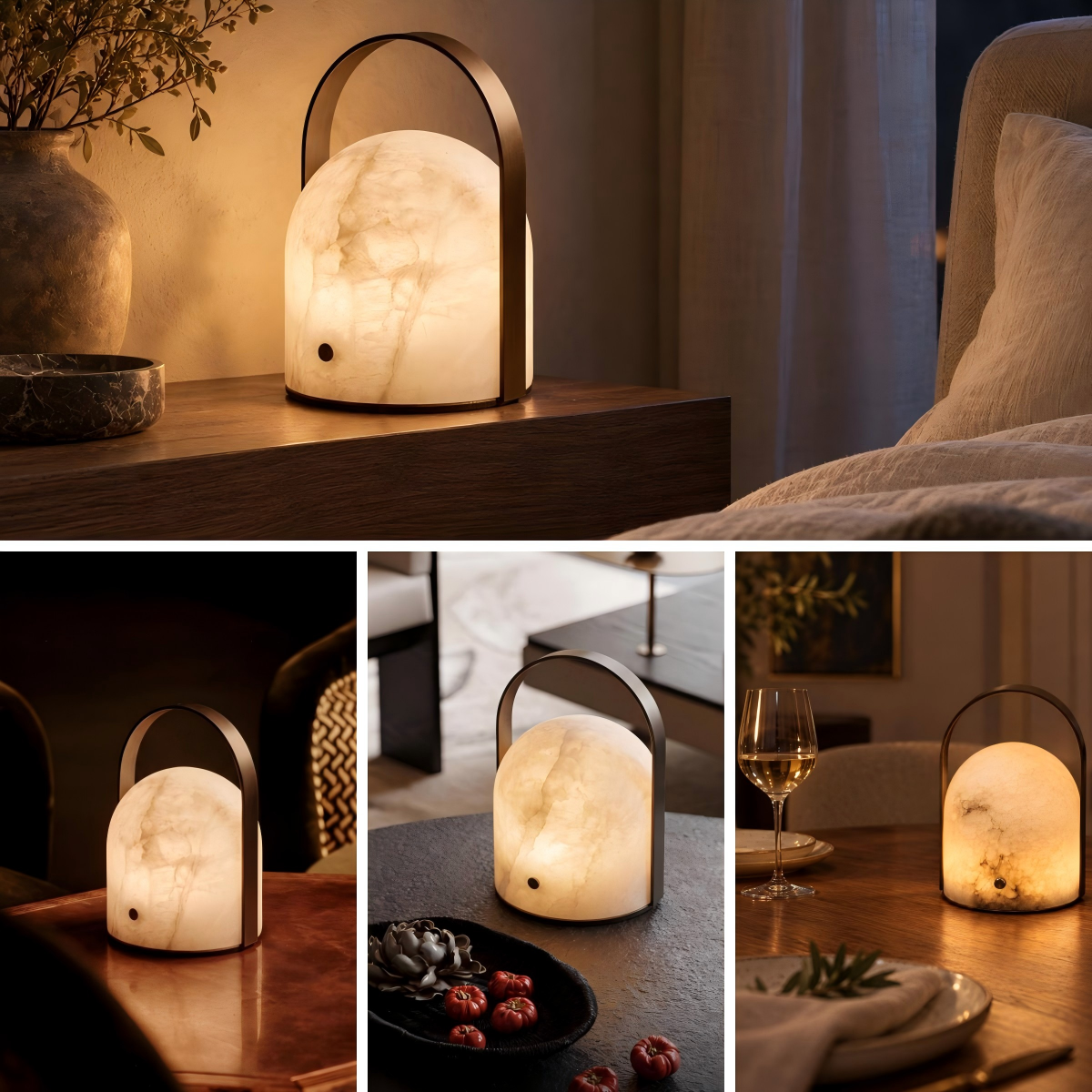Aurelle natural stone lamp styled beside a bed and on living room, study, and dining room tables
