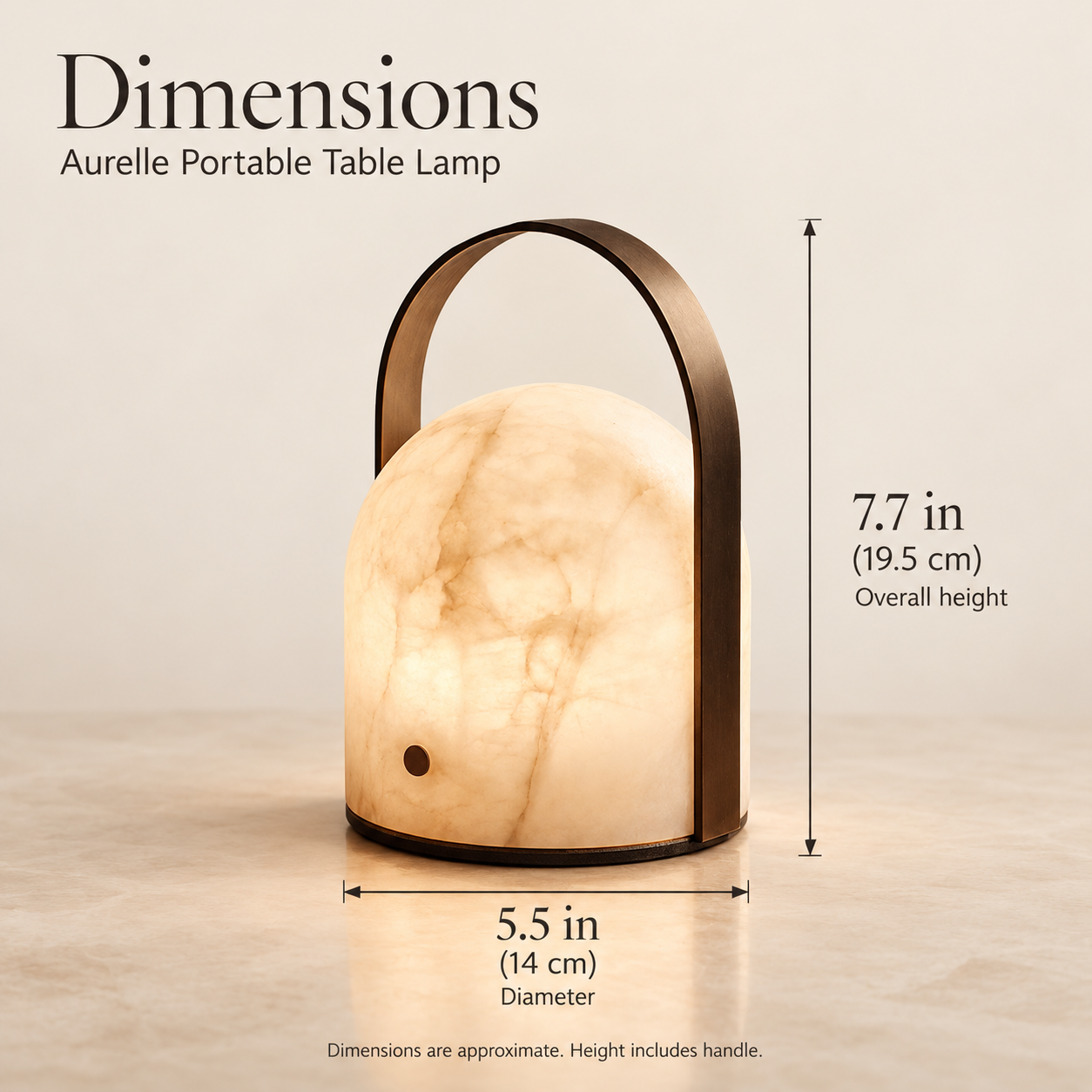Aurelle portable table lamp dimensions: 5.5 inches in diameter and 7.7 inches tall including the handle