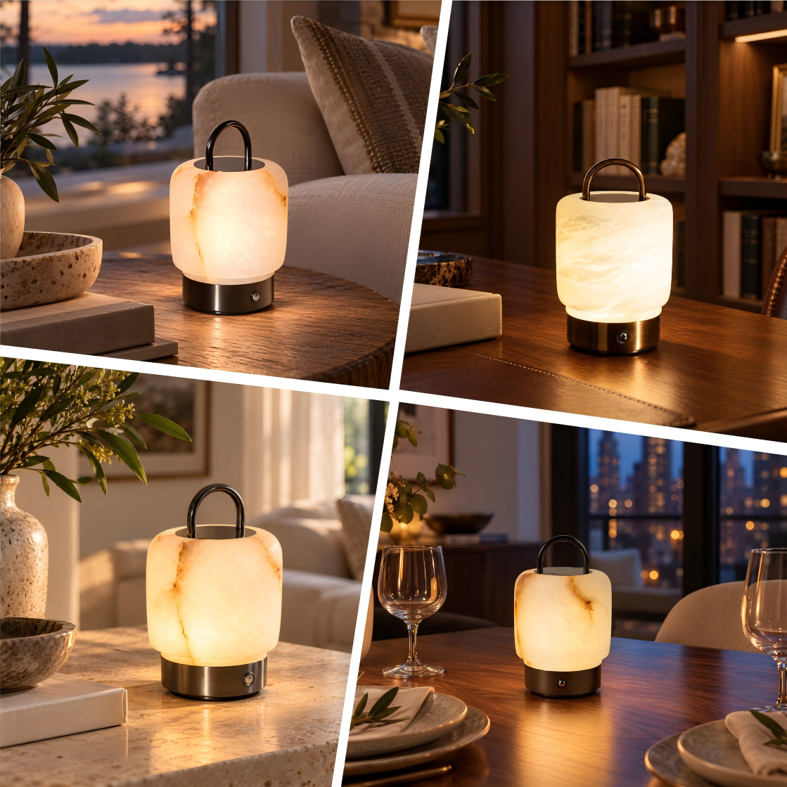 Liora wireless alabaster lamp styled in four home settings